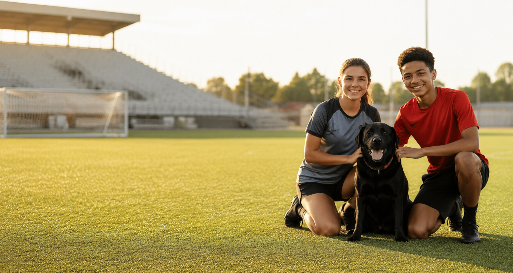 Three teen athletes kneeling on a soccer field with a black lab at golden hour