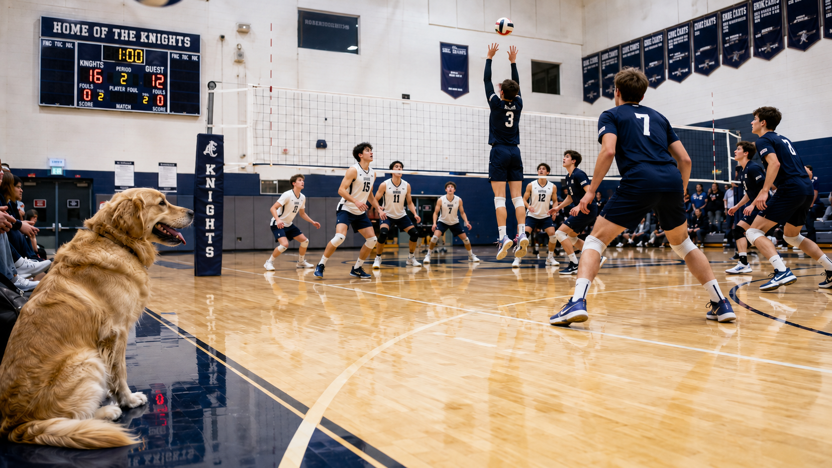 Teen volleyball players competing in a gymnasium with a golden retriever watching from the sideline