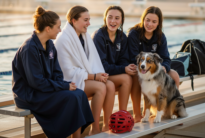 Teen water polo athletes laughing together with an Australian shepherd by the pool