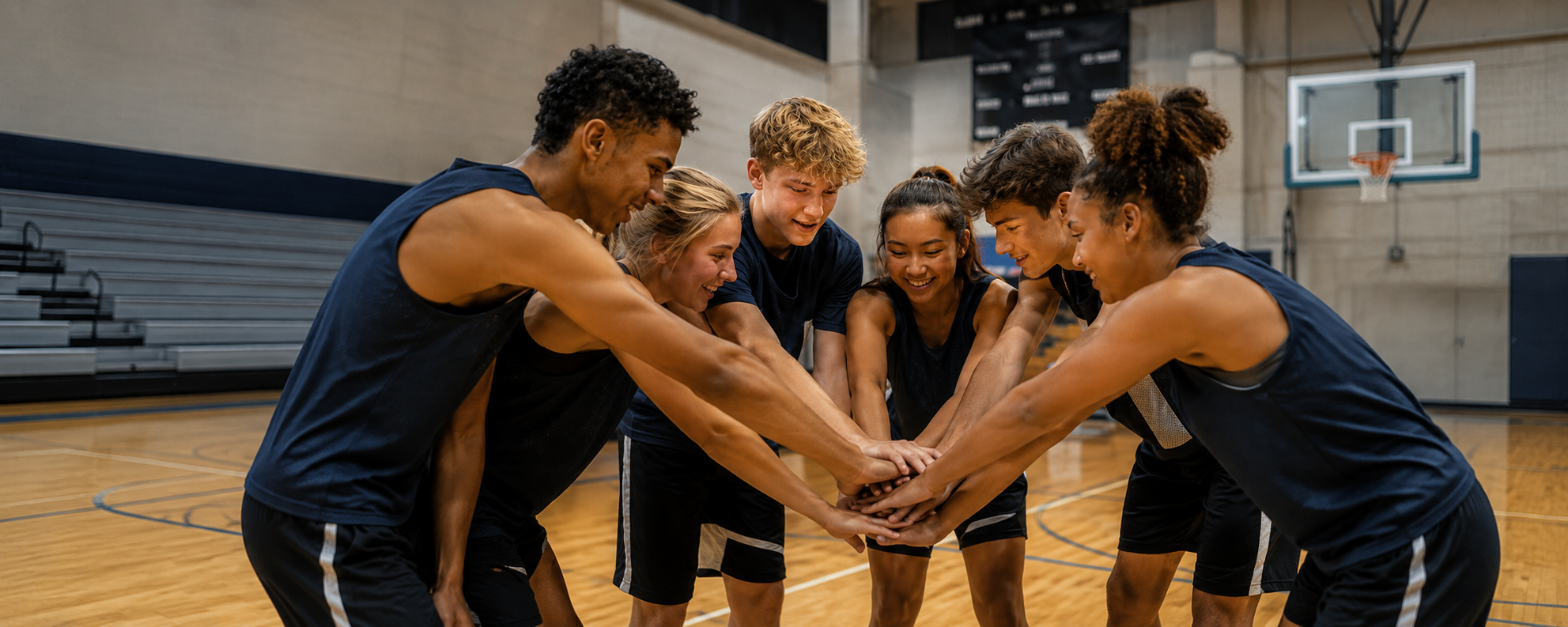 Teen athletes huddled with hands stacked on a basketball court